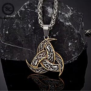 18K White Gold Viking Celtic Triquetra Pendant Necklace Witch Biker Unisex